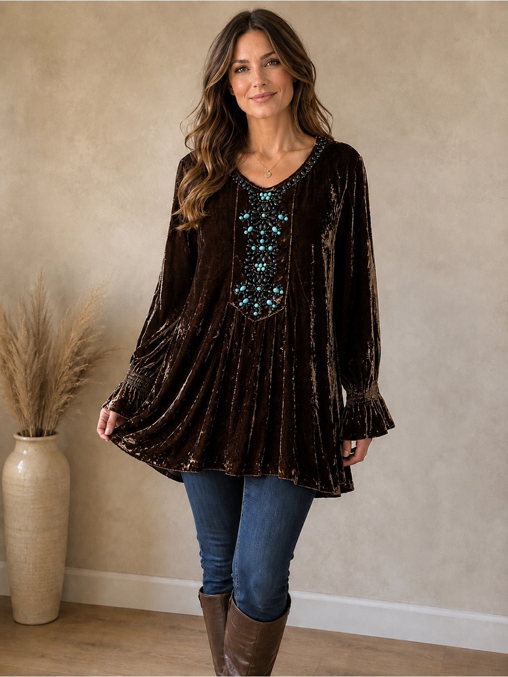 Double D Ranch Chocolate Velvet Tunic with Turquoise beading